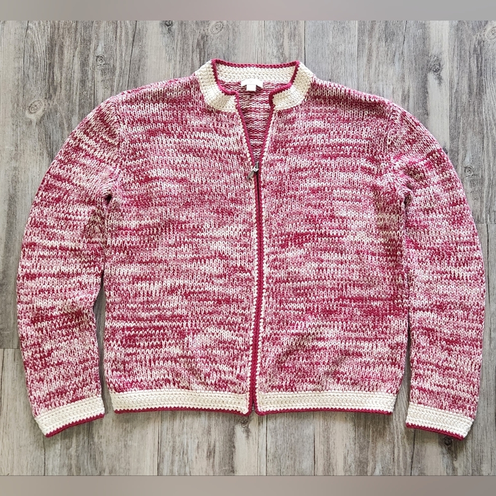 J Jill Heathered‎ Red Crochet Knit Zip Up Cotton Sweater/Cardigan Size XS